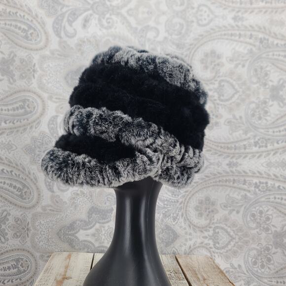 Russian Winter Rex Rabbit fur brimmed peaked hat black/gray Mob Wife Luxury - Picture 7 of 8